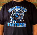 Black t-shirt with blue panther graphic and 'Greenbrier Panthers' text against a brick wall background