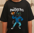 Black t-shirt with a panther graphic and 'Panthers' text throwing a football, worn by a person.