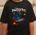 Black t-shirt with a graphic design of a Panther on a rocket and 'PANTHERS' text.
