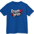 Blue t-shirt with 'Greenbrier' text and heart designs