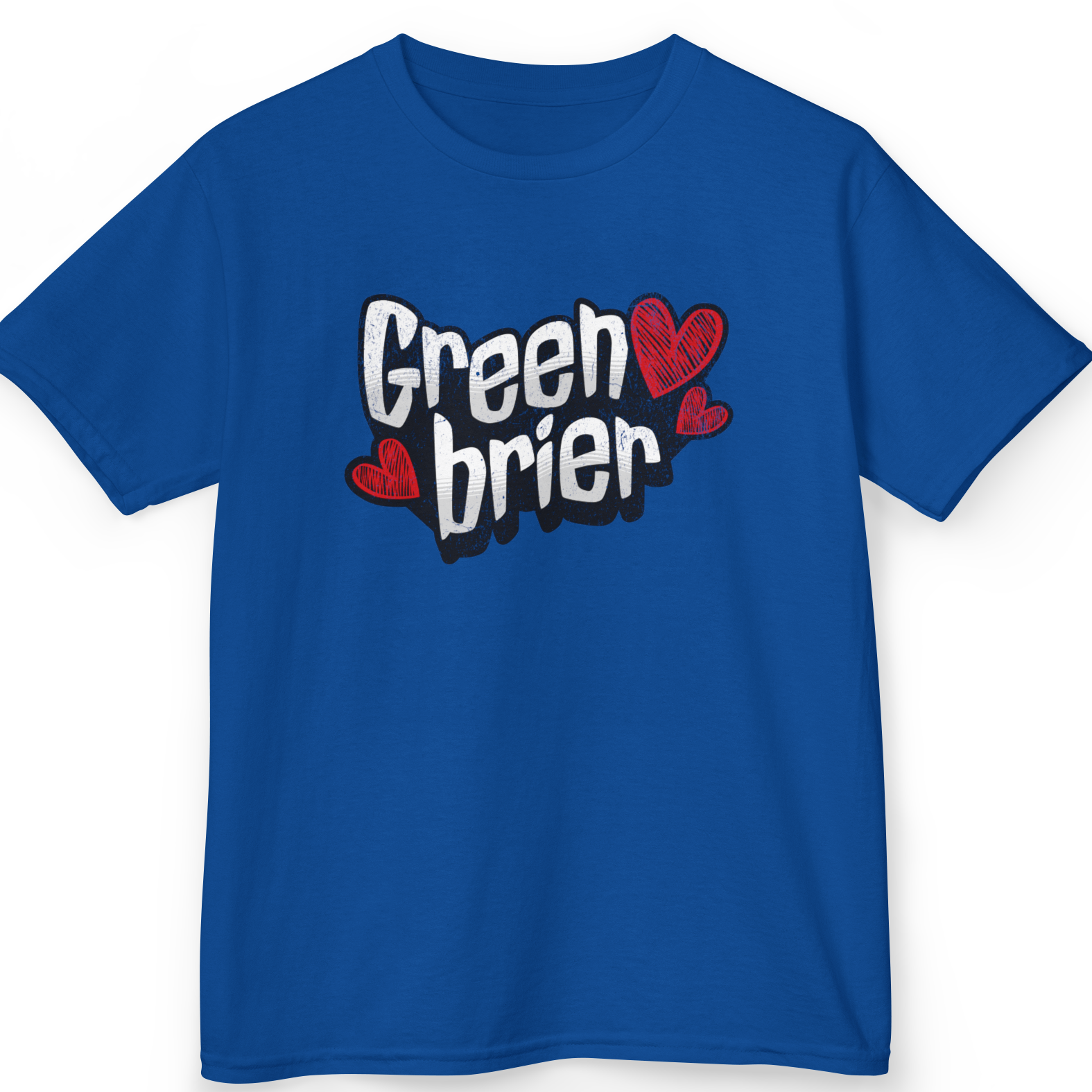 Blue t-shirt with 'Greenbrier' text and heart designs