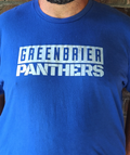 Blue t-shirt with 'Greenbrier Panthers' text worn by a person in front of a brick wall