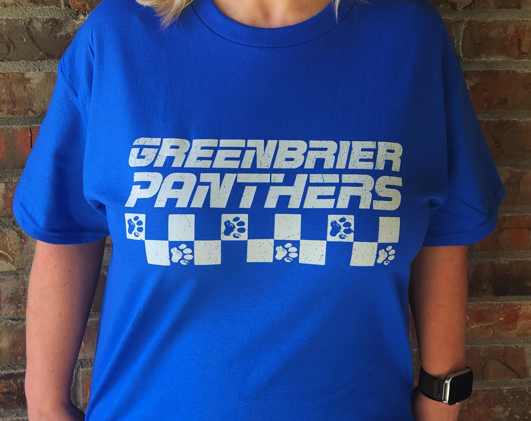 Person wearing a blue 'Greenbrier Panthers' t-shirt against a brick wall.