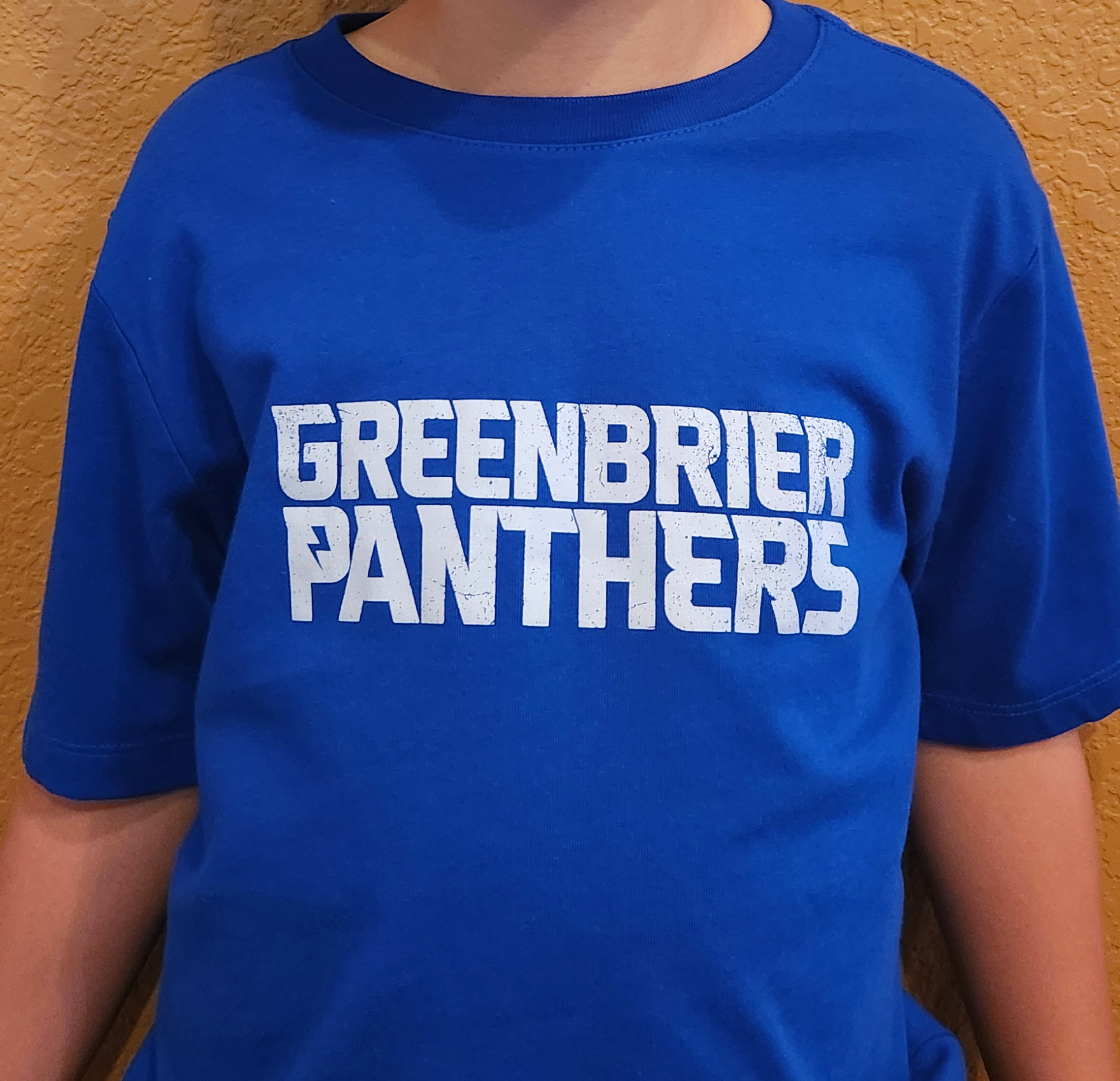 Blue t-shirt with 'Greenbrier Panthers' text on a person against a brown background