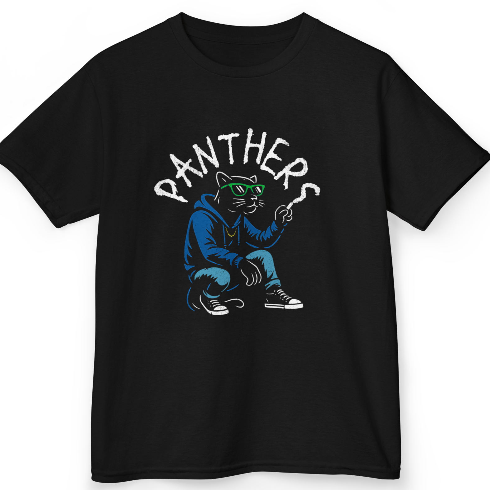 Black t-shirt with a panther graphic and 'PANTHERS' text 