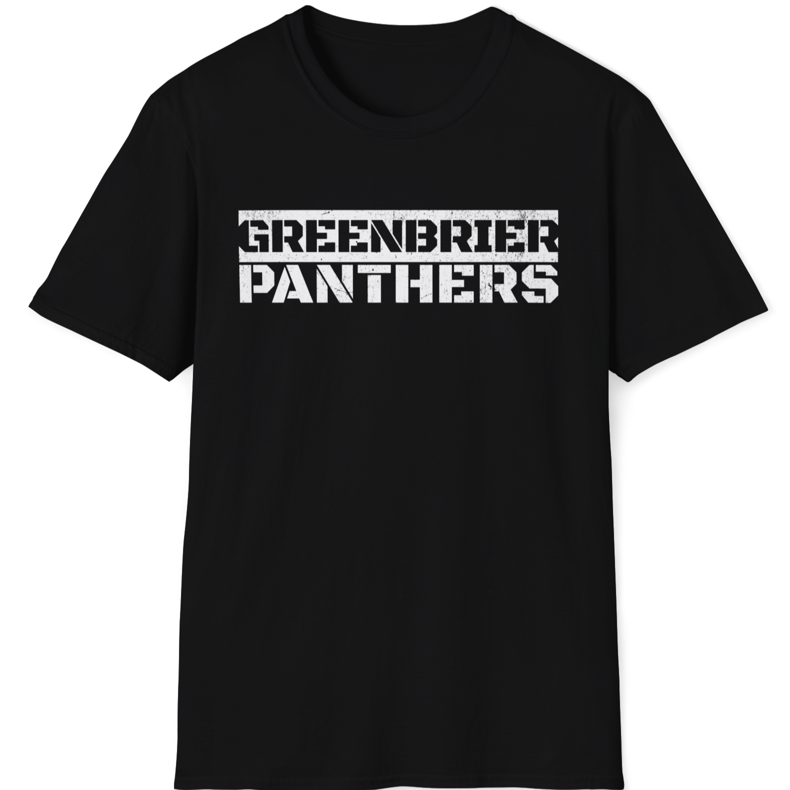 Black t-shirt with 'Greenbrier Panthers' text on a white background